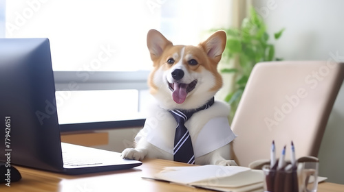 Cute dog in glasses and neck tie sit at table and working © Nitcharee
