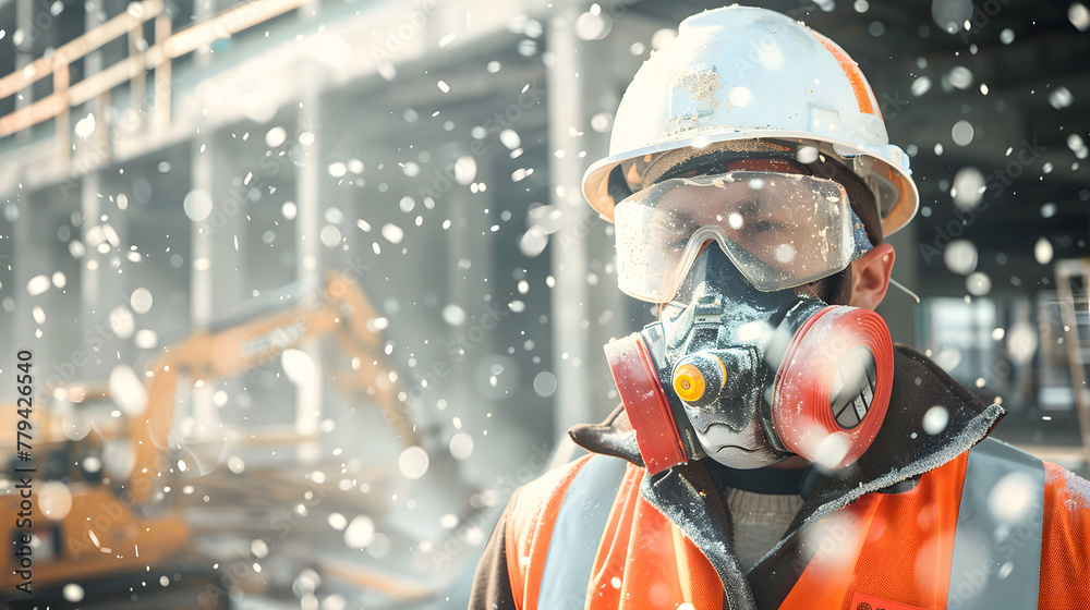 Construction worker wearing a high-grade dust mask, surrounded by lot of floating particles of glass wool dust in a construction site Construction worker wearing a high-grade dust mask, surrounded by lot of floating particles of glass wool dust in a construction site