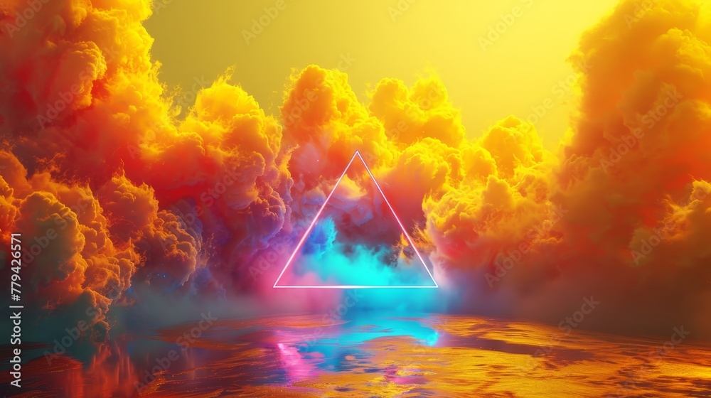 3D render of a colorful cloud with glowing neon in the shape of a tetrahedron