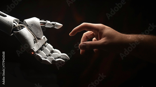 A robot's hand reaches out to a human's hand