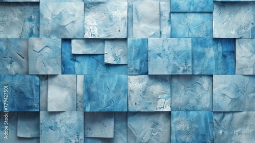 A blue sea wall with squares of different sizes and textures, The background is a white wall with geometric patterns, showcasing the beauty of the patterned texture.