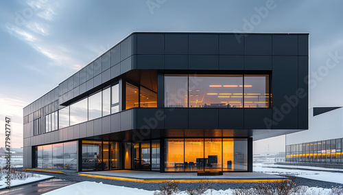 A large, modern industrial building with glass windows and black metal panels on the exterior walls. Created with Ai © Design Dockyard