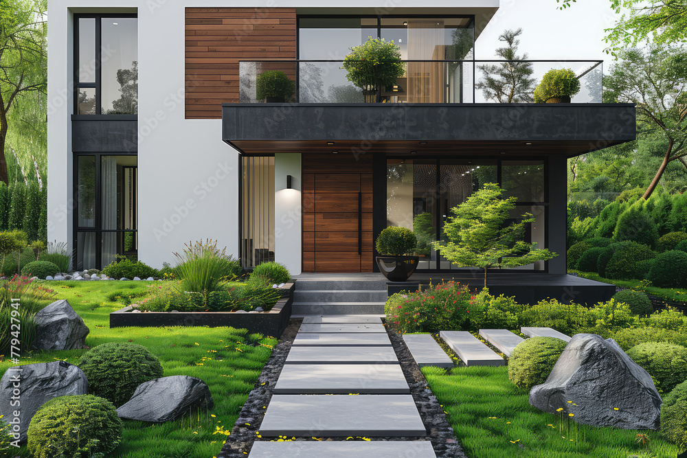 Modern house with white walls, black wood accents and green garden, stone path leading to the entrance, garden landscape design. Created with Ai