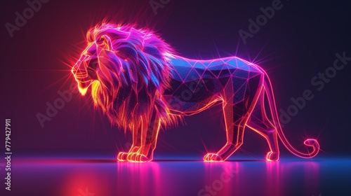 3D render of glowing neon lion symbol on a randomly colored background © MAY