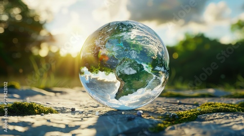 the glass globe against the backdrop of nature to evoke a sense of harmony between humanity and the environment, symbolizing our interconnectedness and responsibility towards the planet.