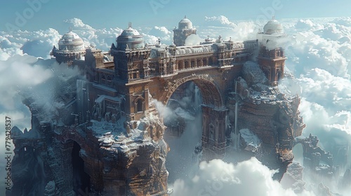 Fantasy world. The palace towers above the clouds. Surreal Landscapes and Natural Wonders.
