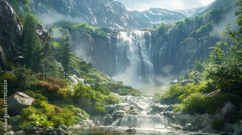 Fantasy world. Waterfall on a high cliff. Surreal Landscapes and Natural Wonders.