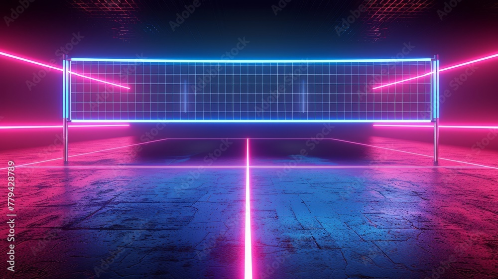 3D render of glowing neon volleyball court on black background, in the style of vibrant
