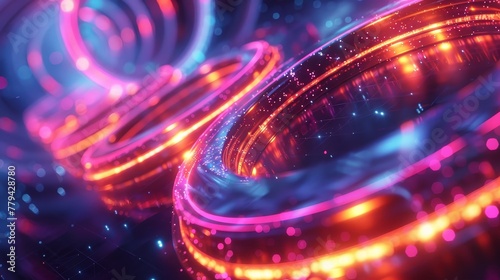 3D render of glowing neon torus rings intersecting in a futuristic cityscape