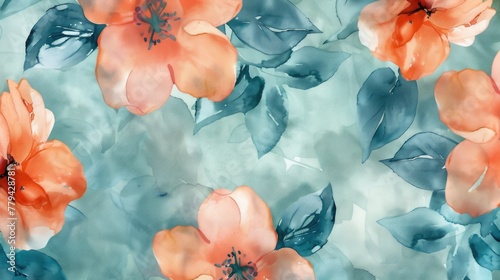 Red and teal floral watercolor pattern. Artistic backdrop with painted flowers and leaves