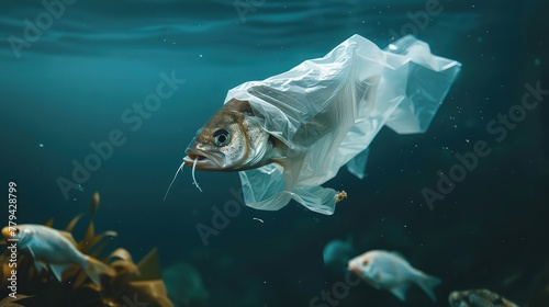  serene beauty of green sea fish gliding amidst the ocean waters, juxtaposed with the disturbing reality of pollution, symbolized by the presence of plastic bags. 