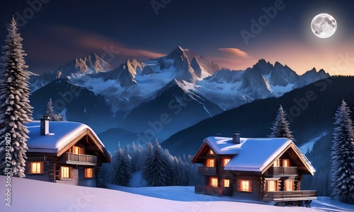 Wallpaper the snowy peaks of the Alps lit by a full moon and a chalet in the valley background