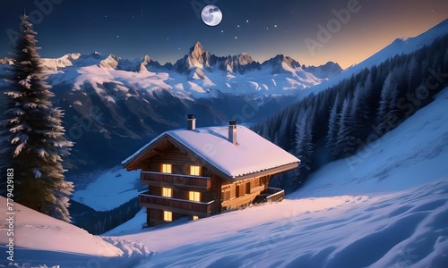 Wallpaper the snowy peaks of the Alps lit by a full moon and a chalet in the valley background © GERARD
