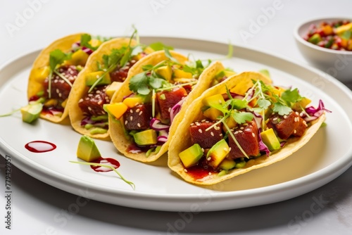 Fresh Poke Tacos arranged on a white ceramic plate, featuring diced tuna, mango chunks, sliced avocado, and crispy tortilla strips, drizzled with a tangy ponzu sauce and sprinkled with sesame seeds