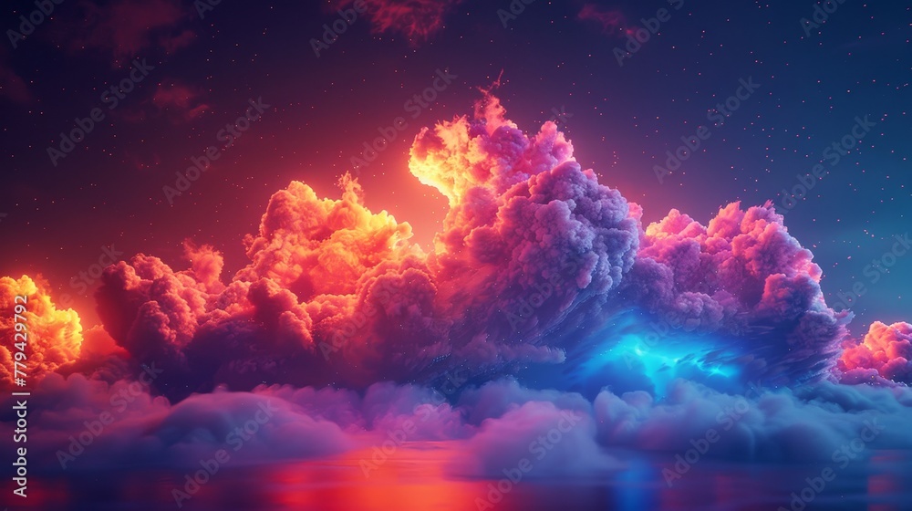 A 3D render of a colorful cloud with glowing neon, symbolizing the mystery of the cosmos