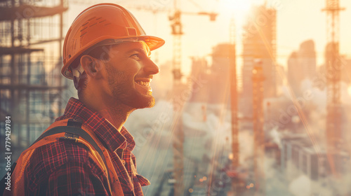 Smiling builder wearing helmet looking at new fast growing commercial building construction, industrial buildings real estate projects with civil engineer, constructions in the background photo