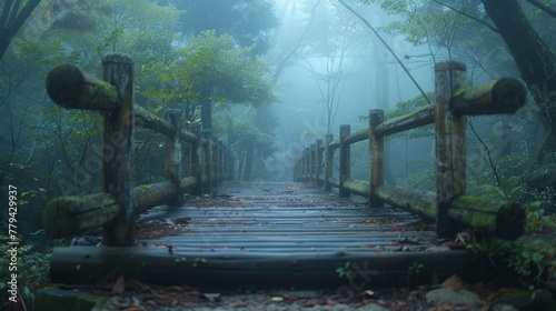Morning mist hovering over a wooden bridge in the forest with a wooden platform background © Photock Agency
