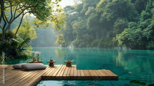 Relaxing retreat on a wooden dock surrounded by nature with a wooden platform background