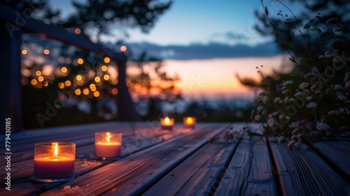 Romantic evening scene on a candlelit wooden terrace with a wooden platform background