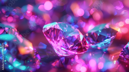 A 3D render of glowing neon diamonds against a background of random color