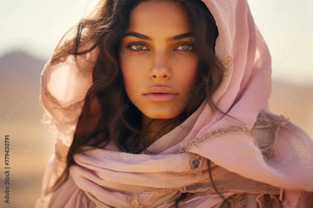 A young Bedouin woman, her veil gently fluttering in the desert breeze, showcasing the delicate intricacies of her pastel-hued garments A young Bedouin woman, her veil gently fluttering in the desert breeze, showcasing the delicate intricacies of her pastel-hued garments