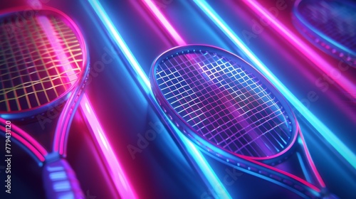 A 3D render of glowing neon tennis racket symbol photo