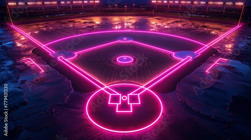 A dynamic 3D render of glowing neon baseball field on a black background