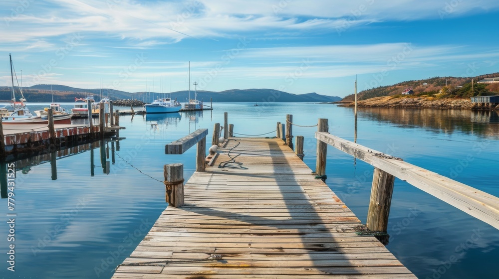 Wooden dock stretching out into a calm harbor with a wooden platform background