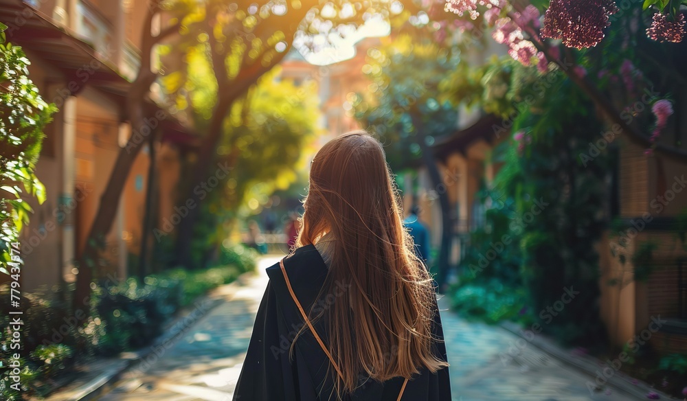 Naklejka premium Woman walking down street next to trees. The concept of graduation and achievements.
