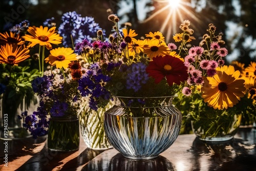 A perspective shot of a crystal vase filled with assorted wildflowers on a sunlit patio