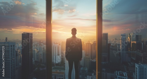 Silhouette of a businessman standing by the window, overlooking the city skyline at dusk.