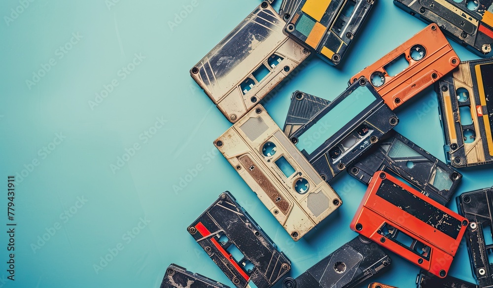 Stack of cassettes on blue surface