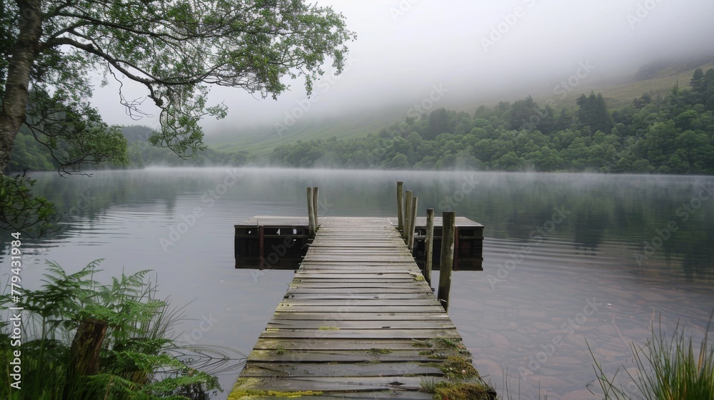 Wooden jetty extending into a mist-covered lake Wooden jetty extending into a mist-covered lake