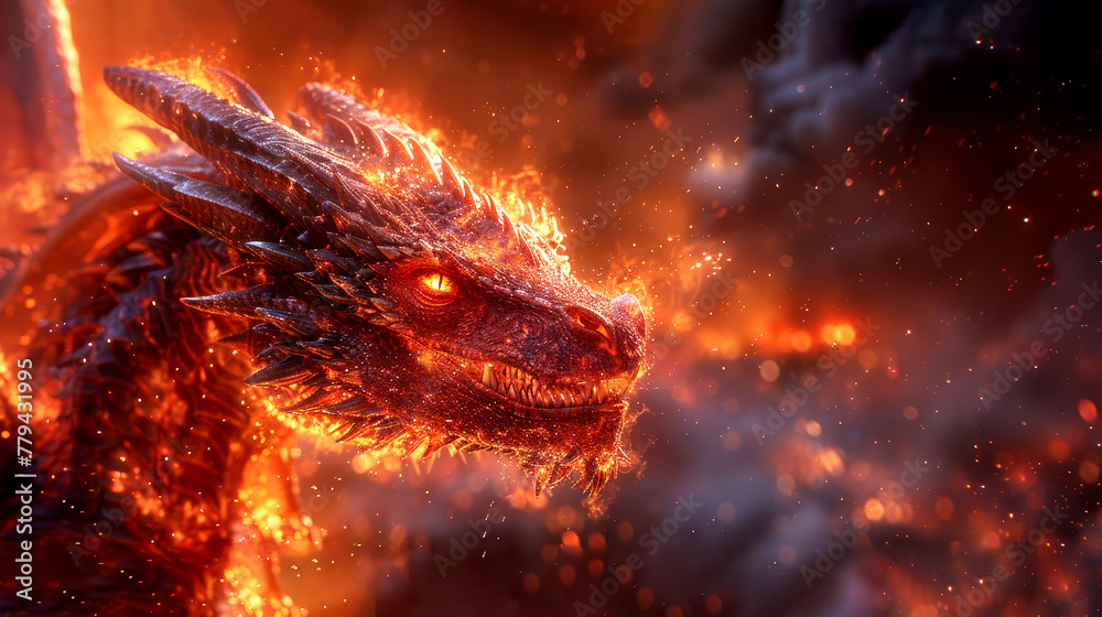 A fire dragon clad in flames. Mythical creature. Fictional world. A fire dragon clad in flames. Mythical creature. Fictional world.