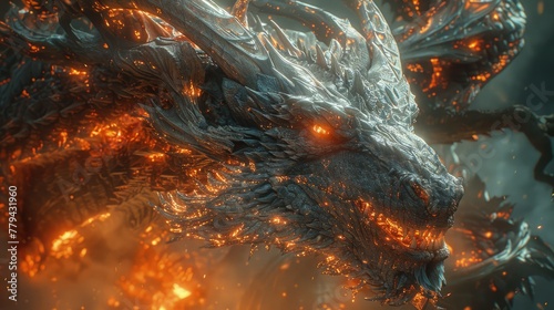 A fire dragon clad in flames. Mythical creature. Fictional world. Close-up photo of dragon. © pengedarseni