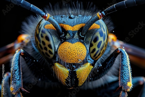 Macro photography capturing the intricate details of a wasps head on a black background. The electric blue eyes and sharp features of this arthropod are highlighted in this closeup shot