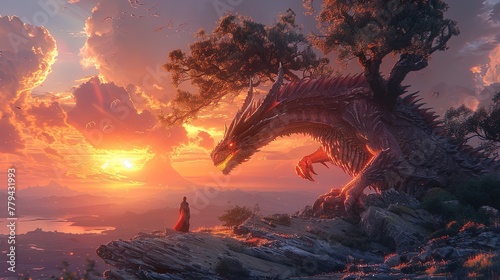 A dragon and a human watch the sunset together on a cliff. Mythical creature. Fictional world.