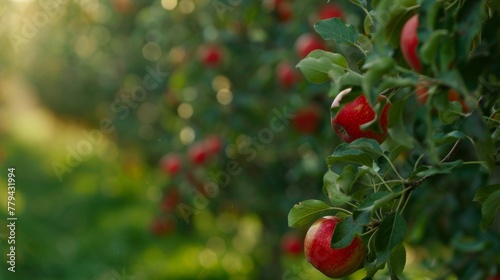 Sunlit red apples growing on lush green tree branches, signifying organic farming and harvest.