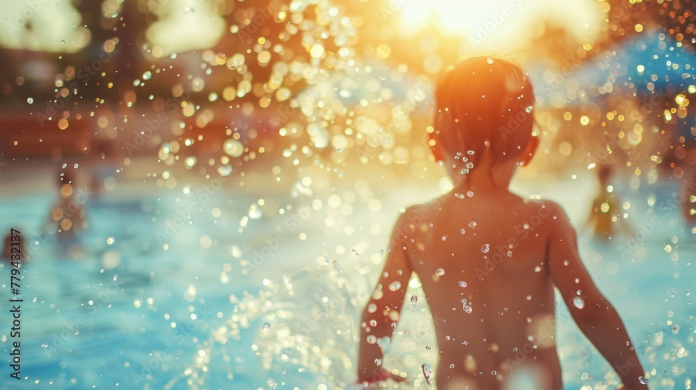 Back view of a young child playing in a sparkling pool, with sunbeams creating a bokeh effect around. Back view of a young child playing in a sparkling pool, with sunbeams creating a bokeh effect around.