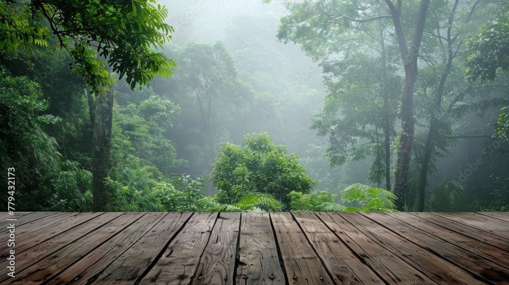 Wooden pathway disappearing into a misty forest with a wooden platform background