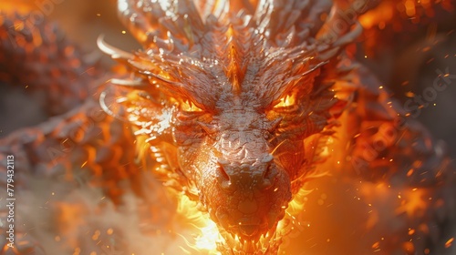 A fire dragon clad in flames. Mythical creature. Fictional world. Close-up photo of dragon. © pengedarseni