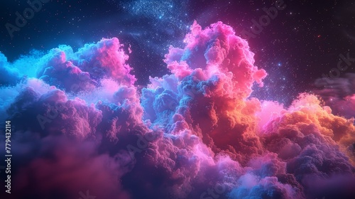 An abstract 3D render of a neon cloud with geometric shapes