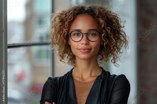 A stylish woman with glasses and a Jheri curl hairstyle is standing by a window, her blonde hair falling on her sleeve. Her smile accentuates her fashionable eyewear and wellgroomed eyebrows photo