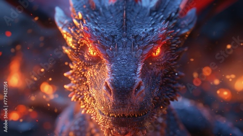 A fire dragon clad in flames. Mythical creature. Fictional world. Close-up photo of dragon.