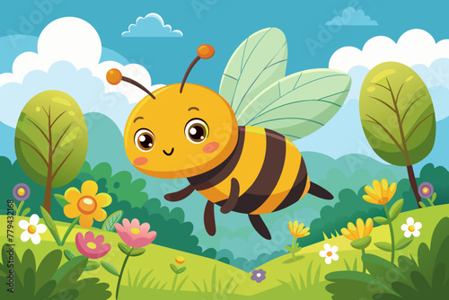 A cute bee is flying over a meadow