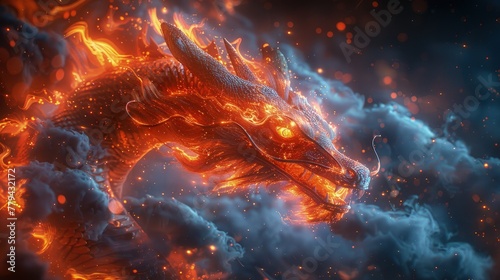 A fiery dragon burning among thick clouds of smoke. Mythical creature. Fictional world. © pengedarseni