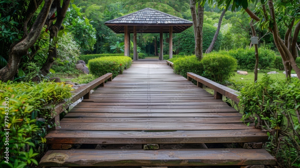 Wooden pathway leading to garden with a wooden platform background Wooden pathway leading to garden with a wooden platform background