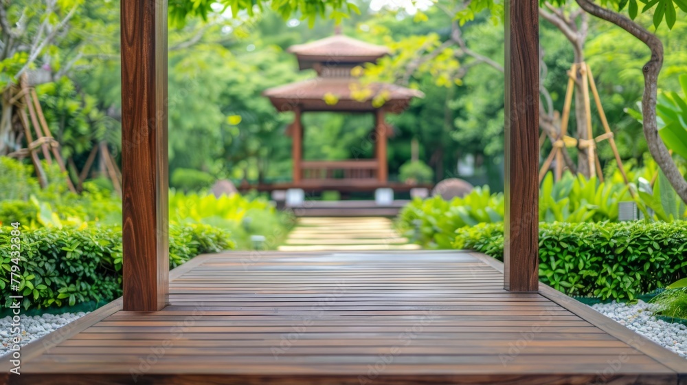 Wooden pathway leading to garden with a wooden platform background Wooden pathway leading to garden with a wooden platform background