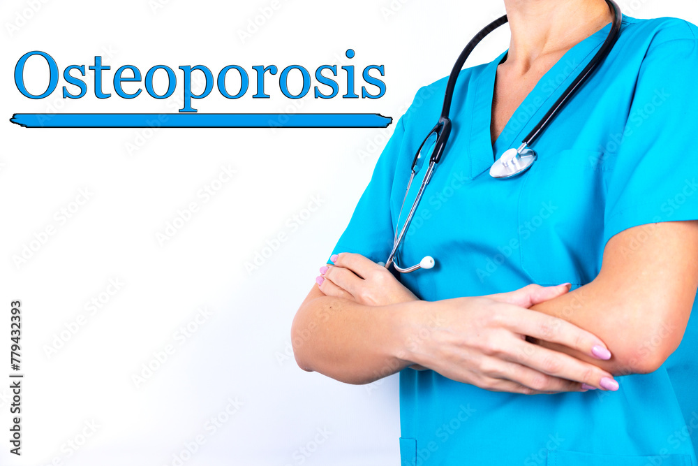 Diagnosis, the word OSTEOPOROSIS is written on the background of a doctor in blue medical clothes. Medical concept. Diagnosis, the word OSTEOPOROSIS is written on the background of a doctor in blue medical clothes. Medical concept.