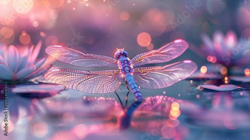 An ethereal neon dragonfly hovering over a tranquil pond